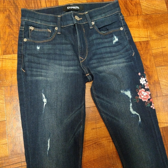Express Floral Embroidered Distressed Blue Jeans Jeggings Mid Rise Women's 0R - Picture 3 of 8